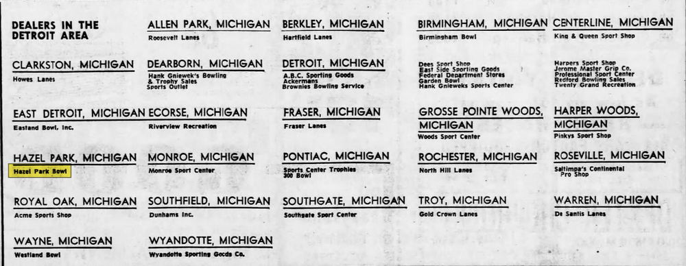 Hazel Park Bowl - Sep 6 1966 Nice Listing Of Brunswick Dealers (newer photo)